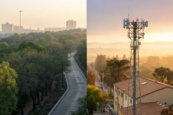 Wireless bridge tower across cityscape (ID#2)
