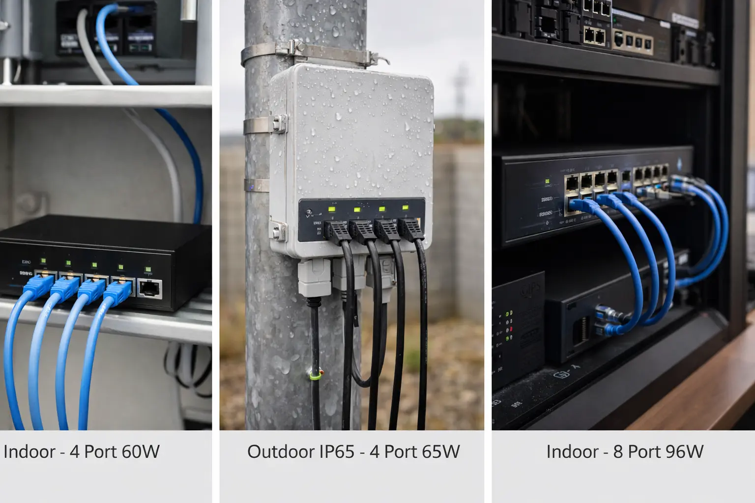 PoE switch and wireless bridge pairing diagram showing S402E and S802E connecting to camera clusters