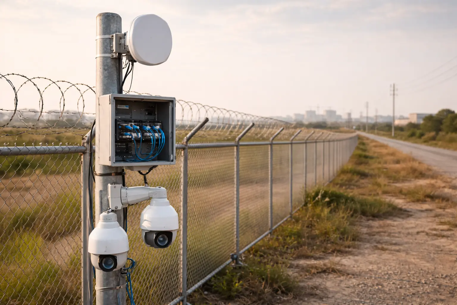 Medium range CCTV bridge deployment showing WB730 connecting camera cluster across 3-5km to main building NVR