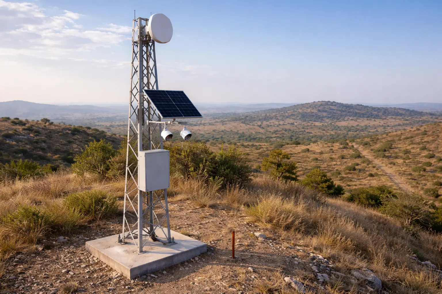 Long range CCTV wireless bridge deployment showing WB2500 parabolic dish connecting remote camera site 10km away