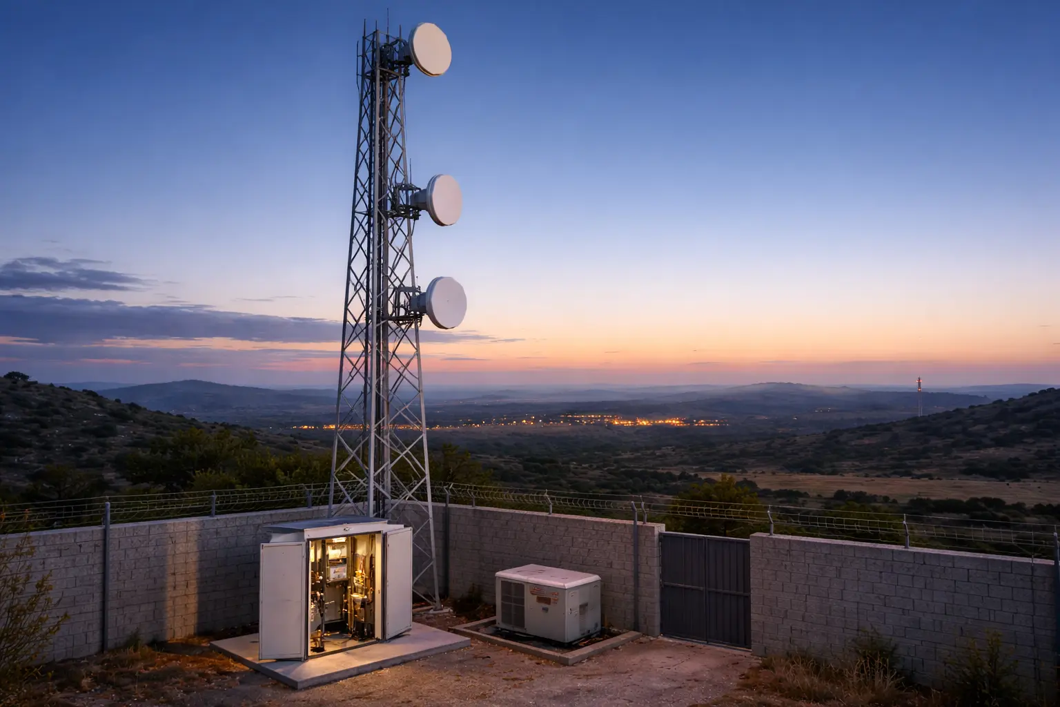 Ultra long range wireless bridge backbone deployment showing WB5axH6-35 with 33dBi dish connecting sites 20km apart