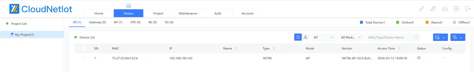 CloudNetlot multi-site project view showing three properties, each as a separate project with device count, online status, and last-activity timestamp