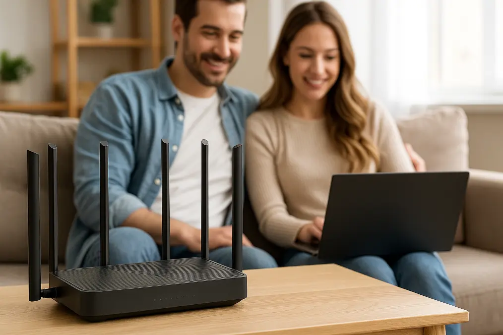 White Mosslink WiFi 6 AX3000 router on desk in modern home office