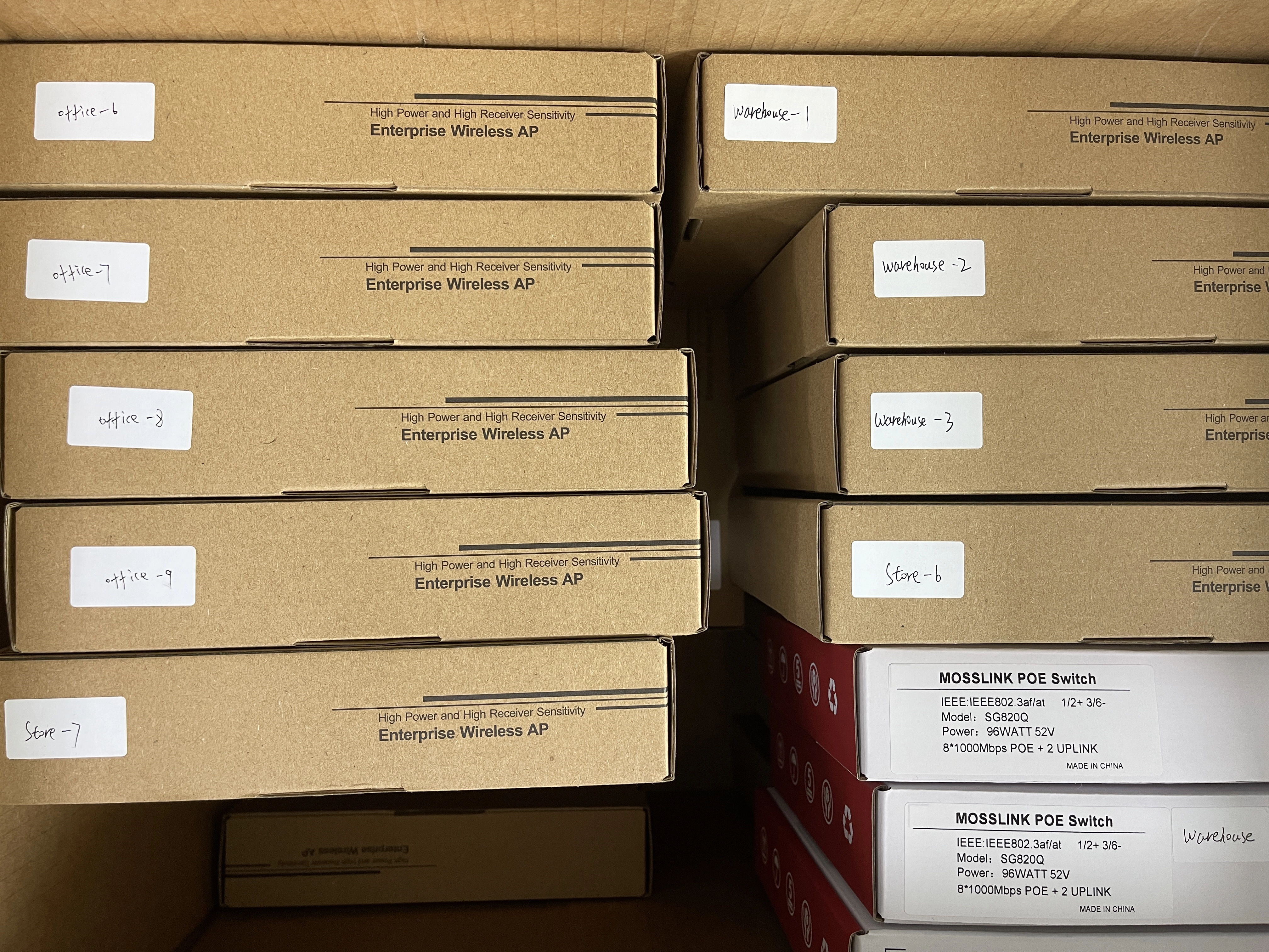 Labeled devices ready for packing — AP labels and switch labels visible