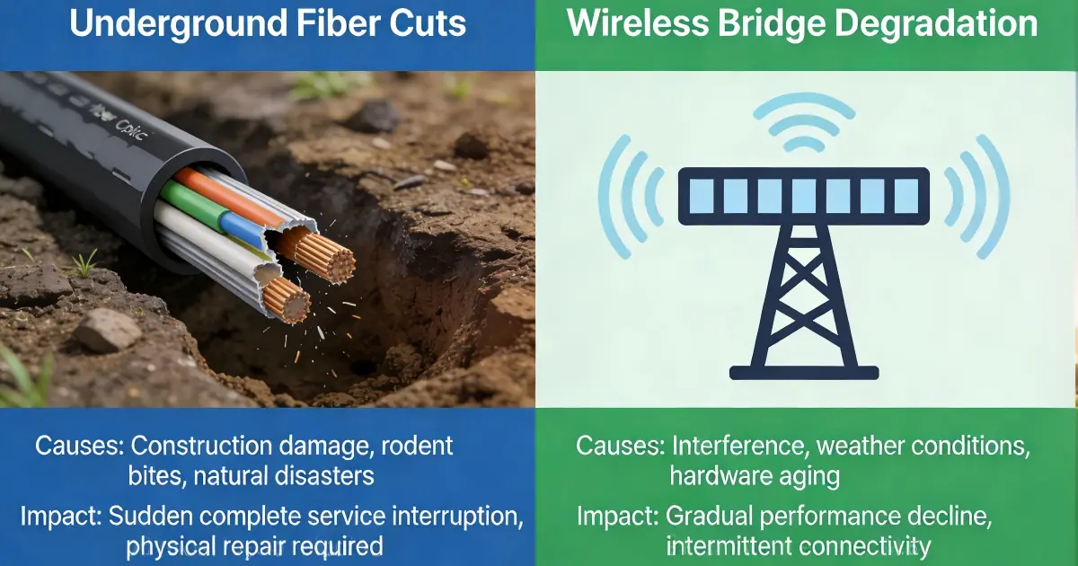 Failure mode comparison between underground fiber and wireless bridge installations