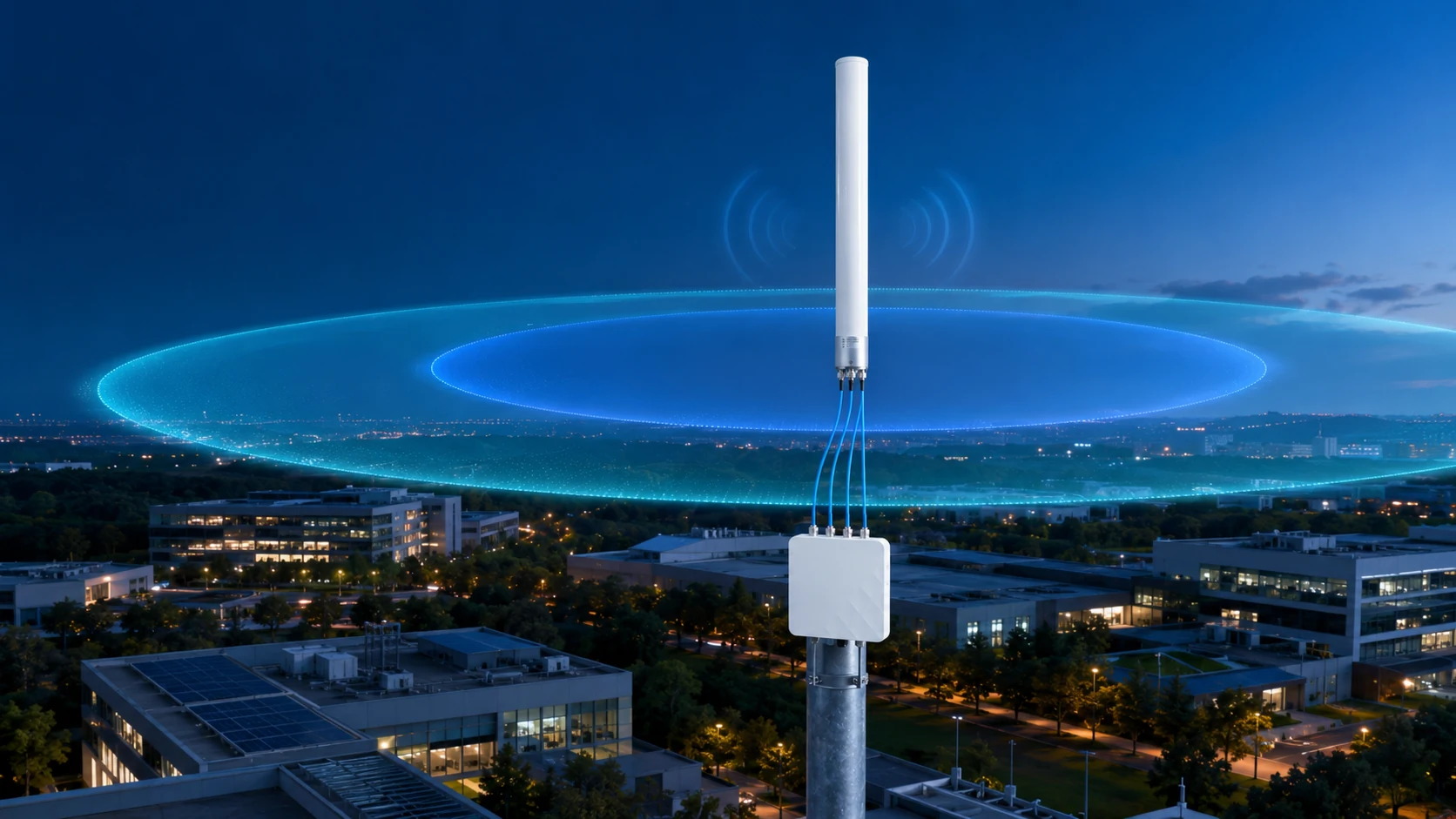 Visualisation of the flat 360 degree coverage disc produced by a high-gain omni antenna on a pole