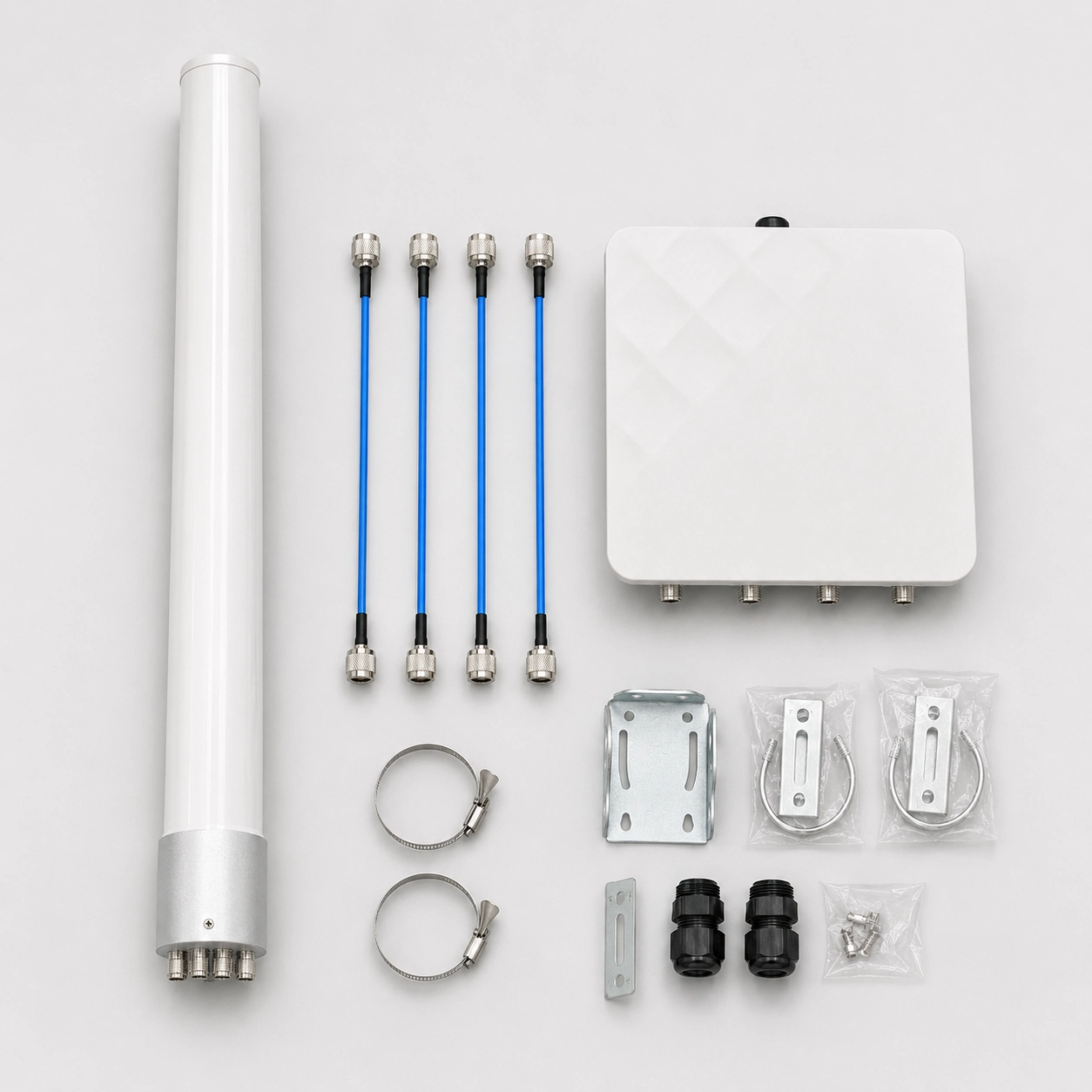ANT-O2458-10 high-gain antenna kit laid out with four jumper cables, pole clamps and mounting hardware next to an APH6 access point