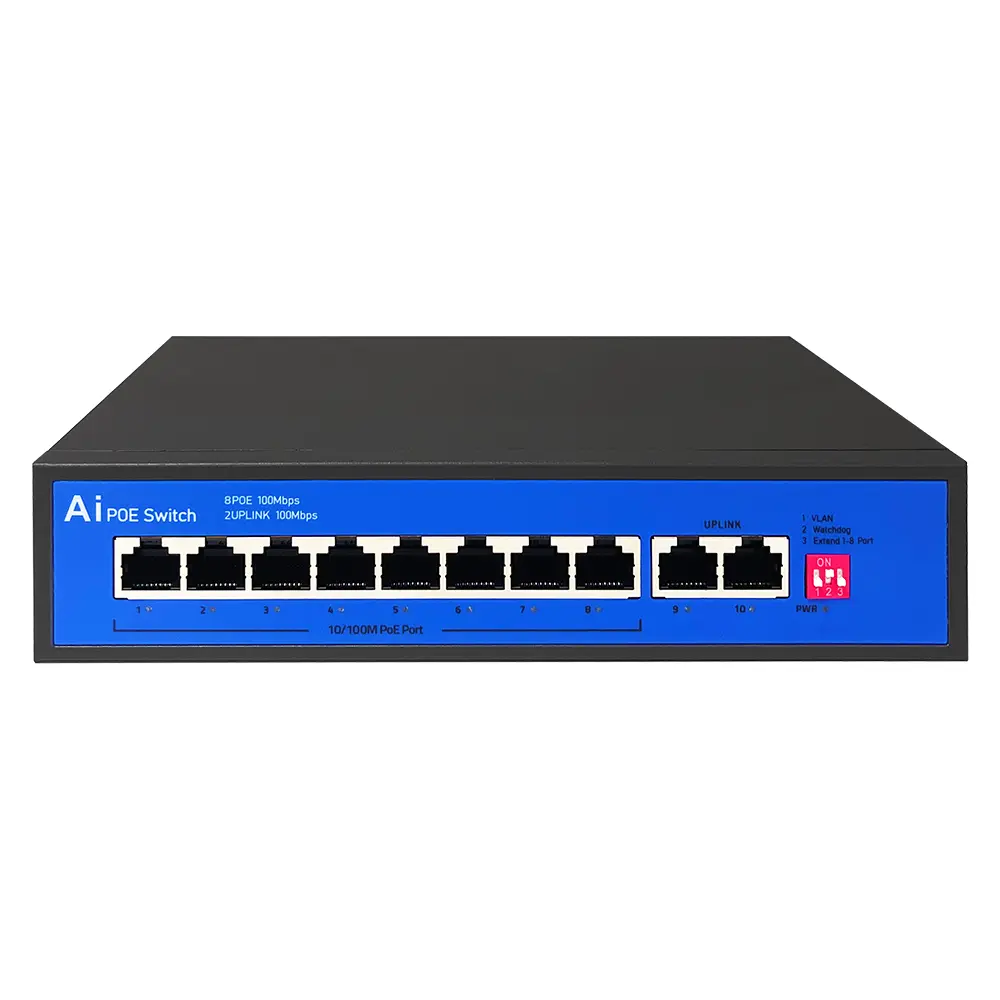 S802E 8-Port 100Mbps PoE Switch, 96W, AI Watchdog, 300m Extend