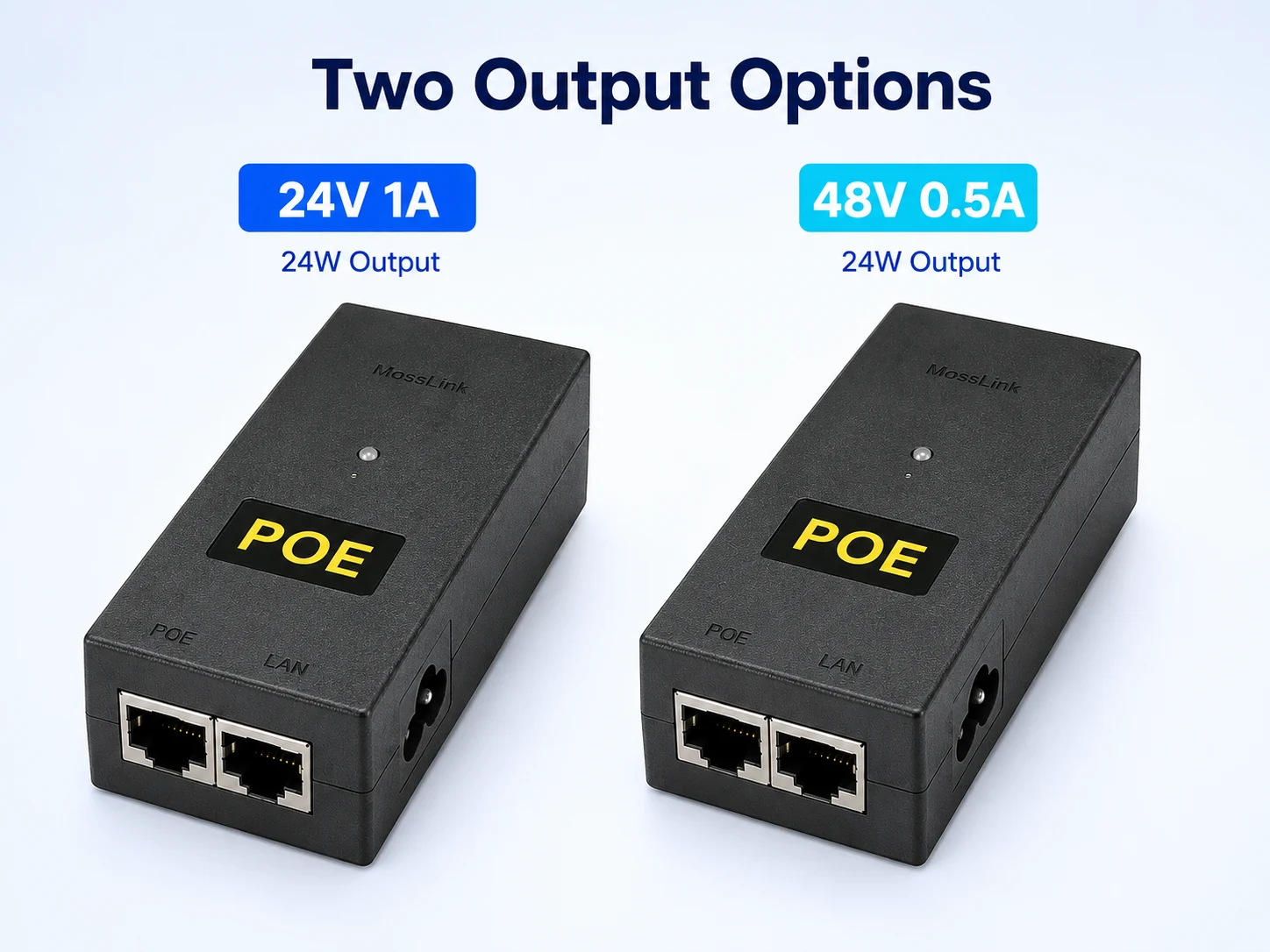 POE-PA24W PoE injector in both output versions — 24V 1A and 48V 0.5A, each 24W