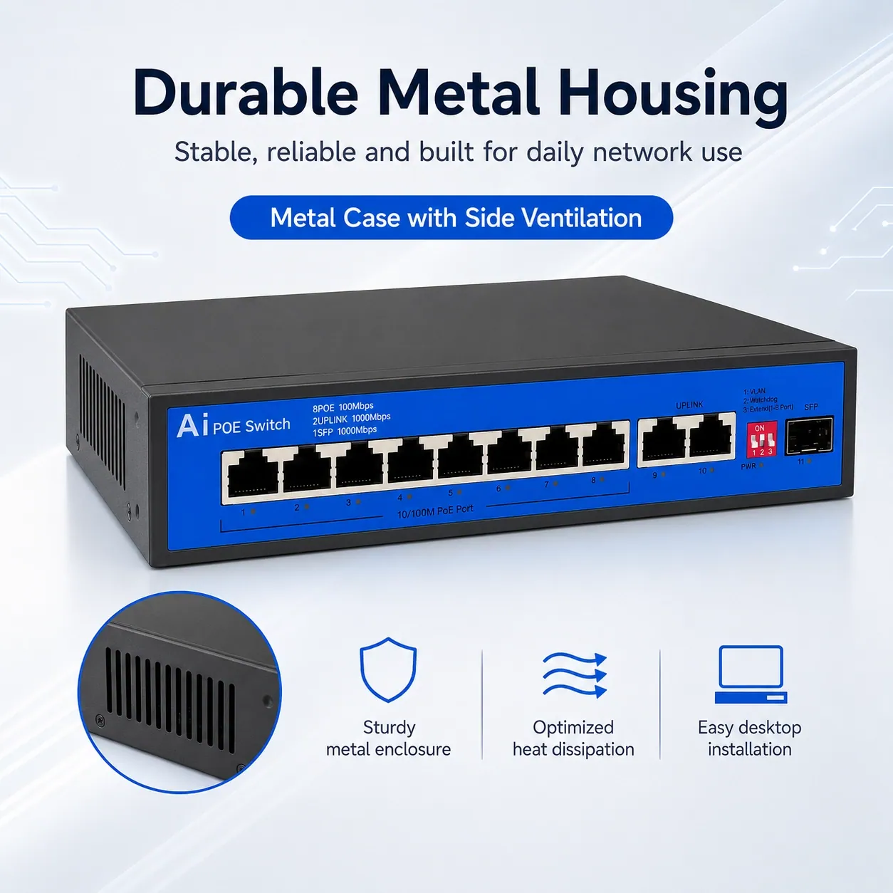 S8021F 8-Port PoE Switch, 96W, 2 Gigabit Uplink + SFP, 250m Extend