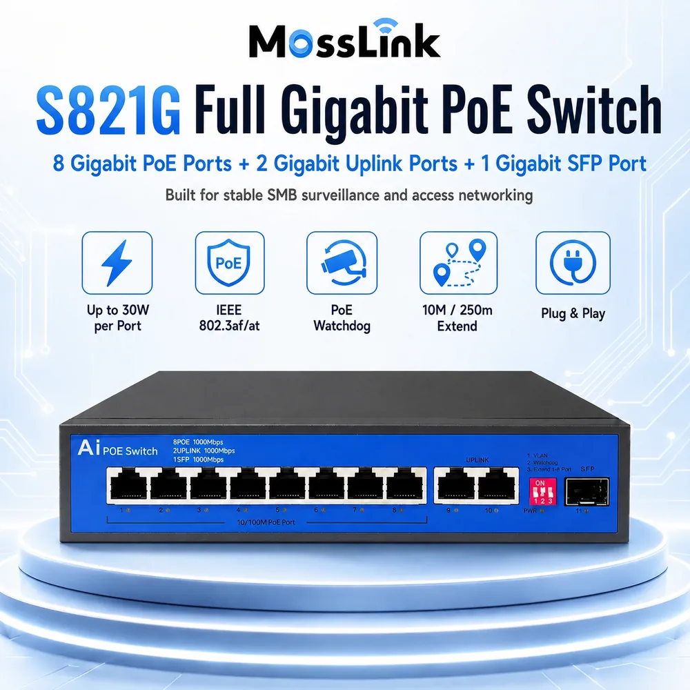 S821G 8-Port Gigabit PoE Switch, 120W, 2 Uplink + SFP, 250m Extend