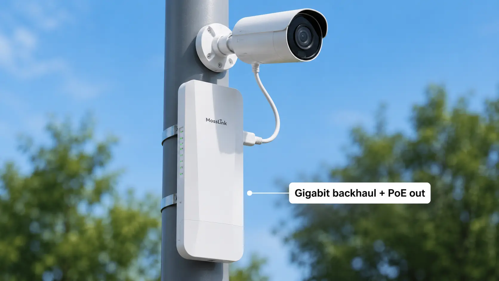 WB510C Gigabit port and PoE output powering an IP camera