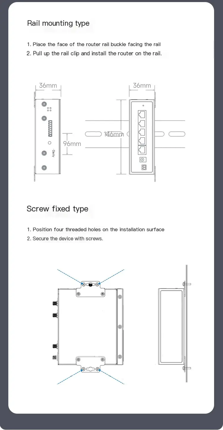 WR200 DIN rail and screw mount installation — 146×96×36mm
